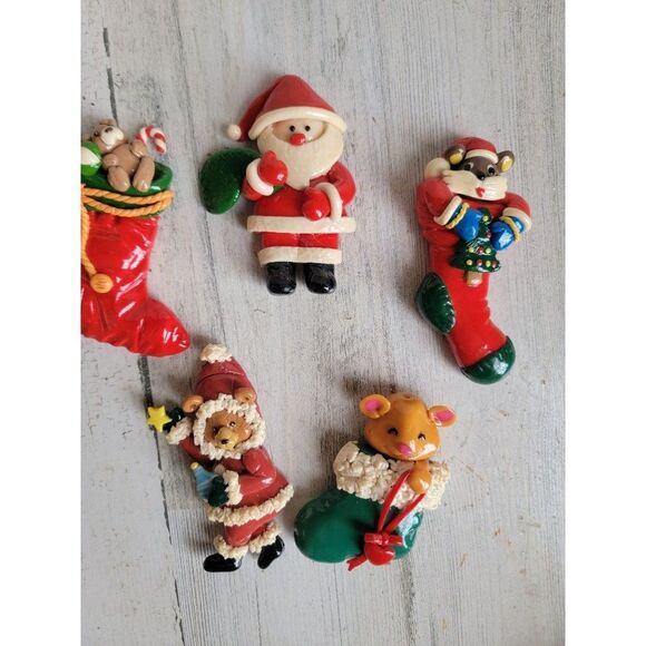 Vintage Clay Santa Claus stocking teddy bears magnet Xmas set decor - Picture 4 of 8